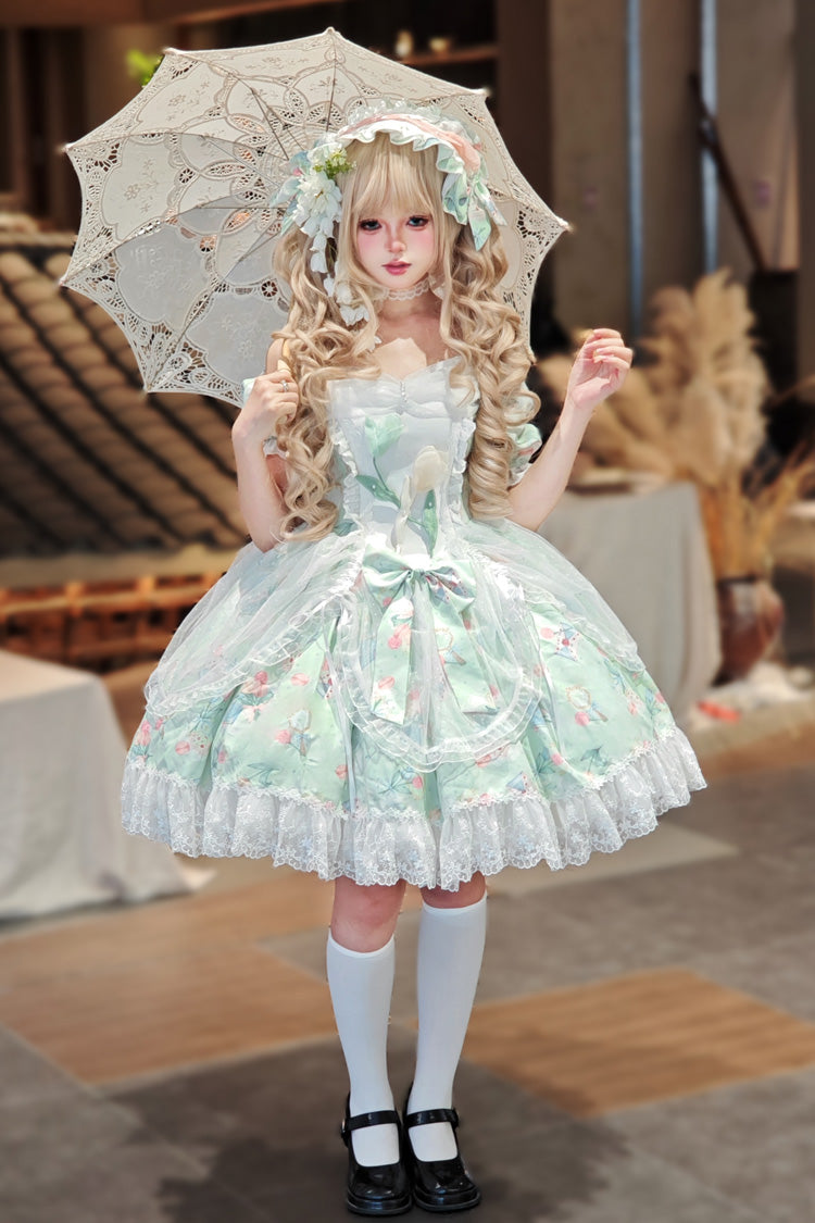 Green Off-Shoulder Print Ruffled Bow Lace Sweet Elegant Dress - Tulip's Letter