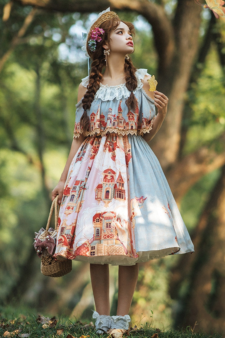 Multi-Color Oil Painting Printed Sweet Lolita Dress - Off Shoulder Short Sleeved