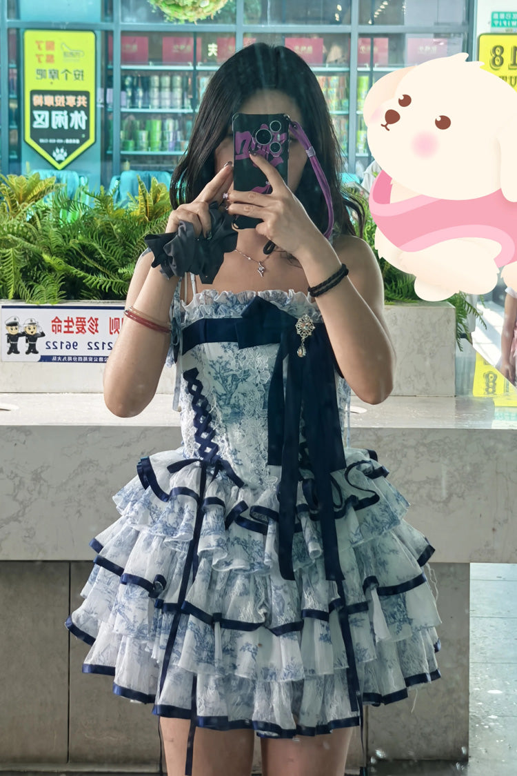 Cerulean and Ivory Sleeveless Multi-Layer Bow Print Chinese Classic Sweet Lolita JSK Short Dress