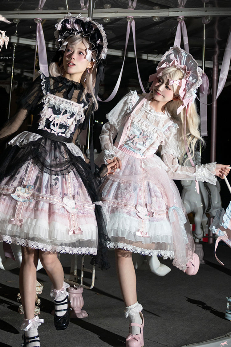 Black Pink Multi Print Ruffle Bow Lace Sweet Gorgeous Lolita Jsk Dress