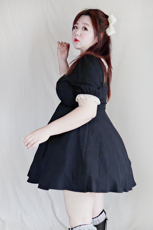 Sweet Lolita Plus-Size Black Lace Round-Collar Short-Sleeve High-Waist Dress