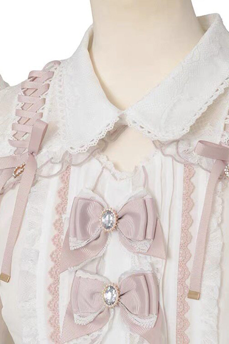 Lapel Off-Shoulder Bow Blouse - Spliced Lace