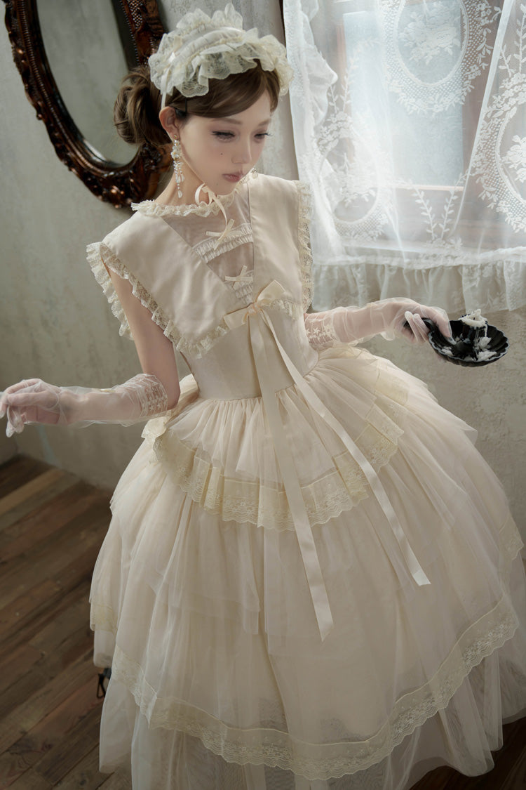 Ivory Elegant Dress with Triple Ruffles and Bow Embellishments - Dream by the Pillow