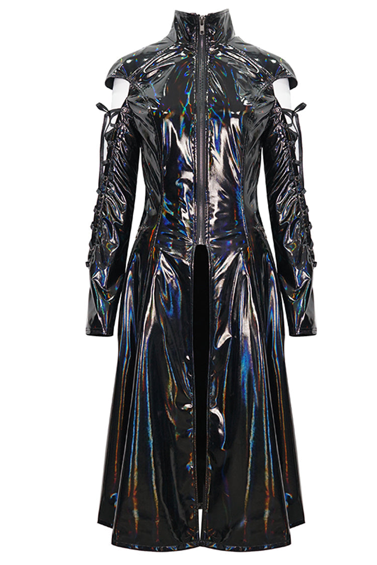Patent Leather Mesh Spliced Long Punk Coat for Women Lace-Up