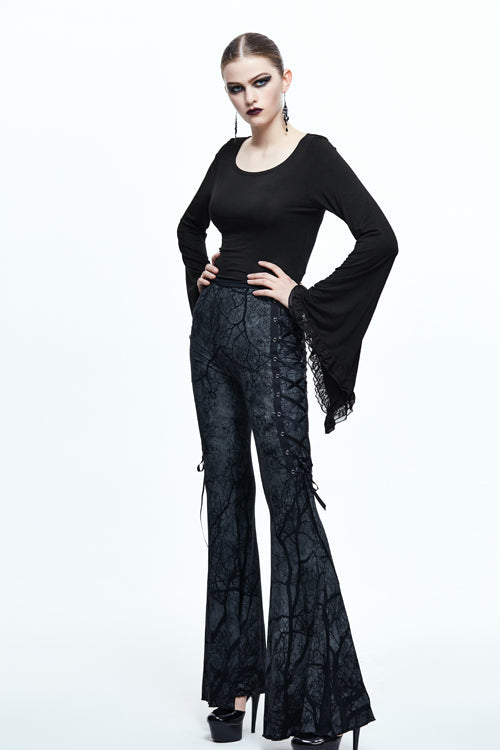 Gothic Bellbottom Pants with Branch Printing and Forest Motif