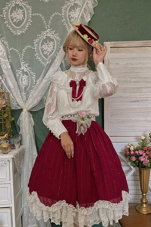 Wine Tulip Multi-Layer Ruffled Classic Lolita Skirt Dress - Altfashion Shop