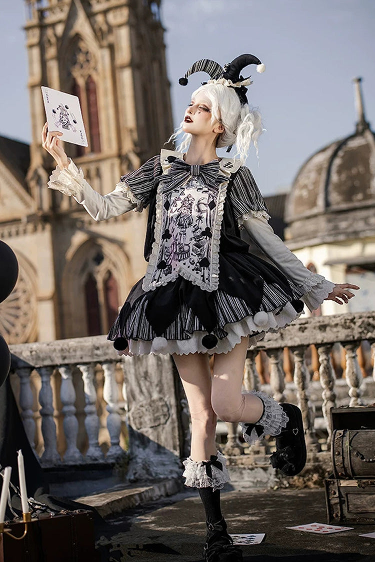 Gothic Lolita Dress Set with Ruffled Bow and Long Sleeves - Black