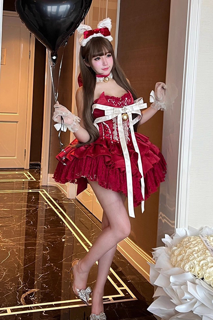 Red Sleeveless Triple-Layered Ruffle Hollow Bow Lace-Up Ballet Dress