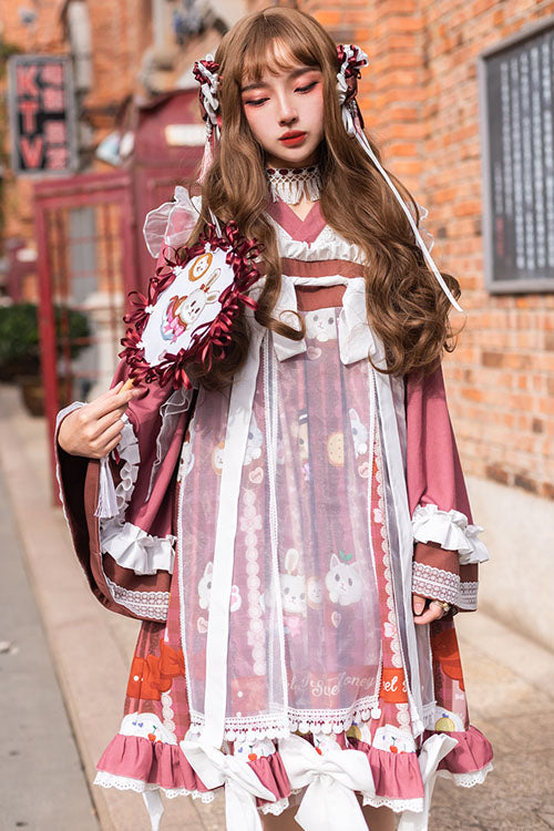 Chinese-Style Cat Print Lolita OP Dress with Trumpet Sleeves