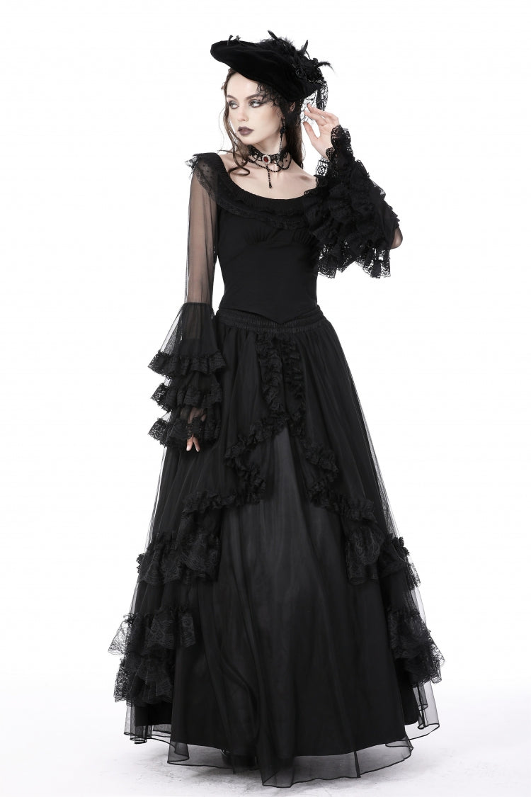 Gothic Women's Top with Trumpet Sleeves and Ruffles, Black