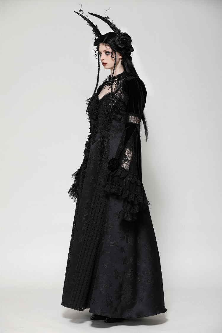Jet-Black Gothic Cape with Flared Sleeves and Ruffled Lace Trim