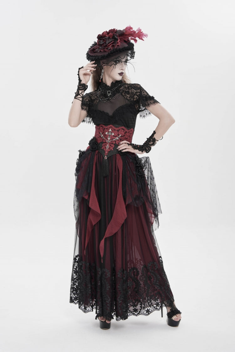 Crimson & Noir Embroidered Rose Underbust Corset with Lace Accents