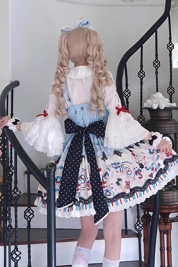 Sleeveless Print Ruffle Bowknot Lace Sweet Lolita Jsk Dress Blue