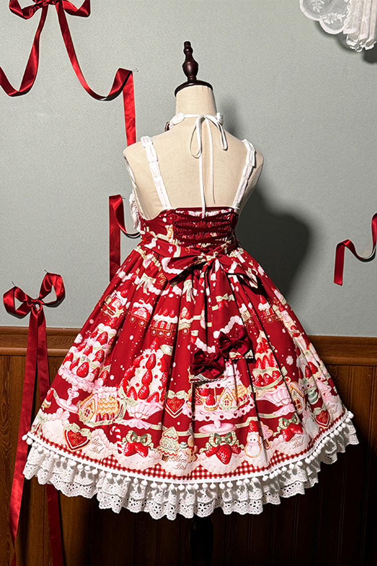Mint Strawberry Dessert Printed High-Waisted Sweet Lolita JSK Dress - Ruffled