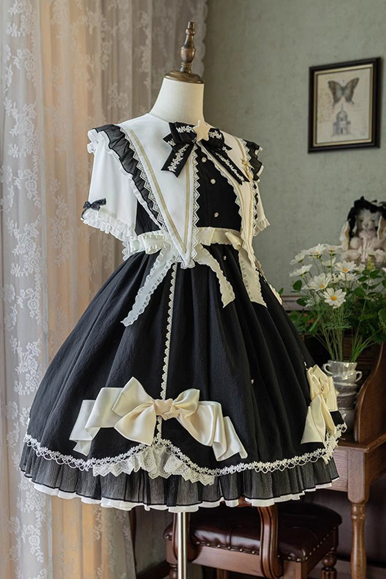 Black Sweet Lolita Dress Short Sleeved Bowknot Lace Stitched Ruffled - Sleeping Star