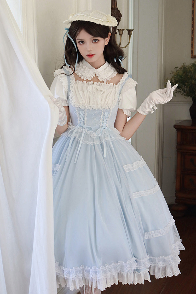 Light Blue Sweet Dress Set with Square Collar and Ruffles