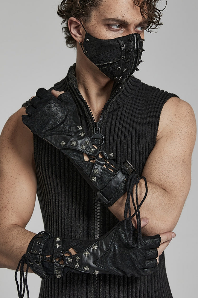 Steampunk Lace-Up Gloves with Rivet Print for Men in 2 Tones