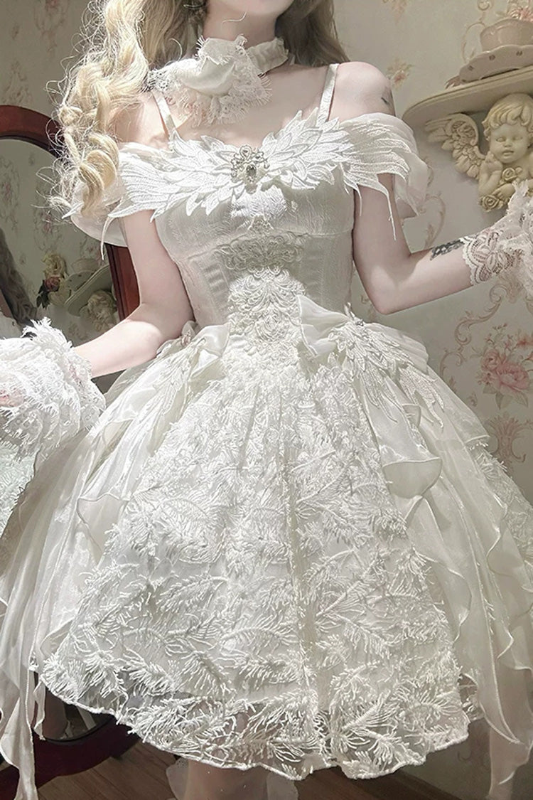 Ivory Square Collar Flutter Sleeve Embroidered Bow Lace JSK