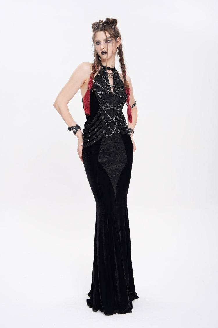 Edgy Black Chain-Strap Sleeveless Rivet Halter Punk Dress
