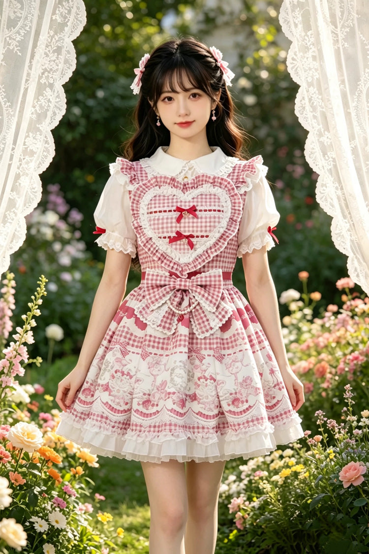 Lapel Collar Bow Print Short Sleeve Plus Size Jirai Dress in Three Colors