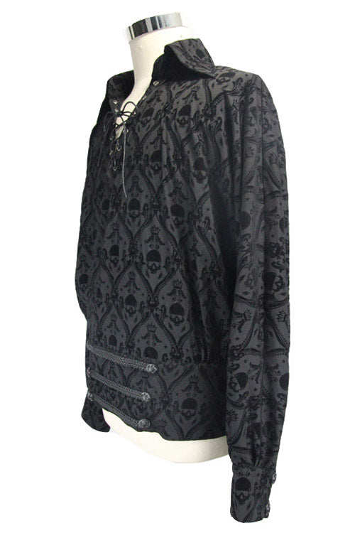 Skull Graphic Gothic Blouse for Men with Lace-Up Neckline