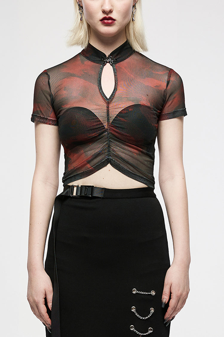 Punk T-Shirt with Ruffle Sheer Tie-Dye Print