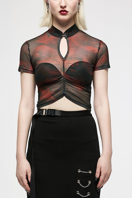 Punk T-Shirt with Ruffle Sheer Tie-Dye Print