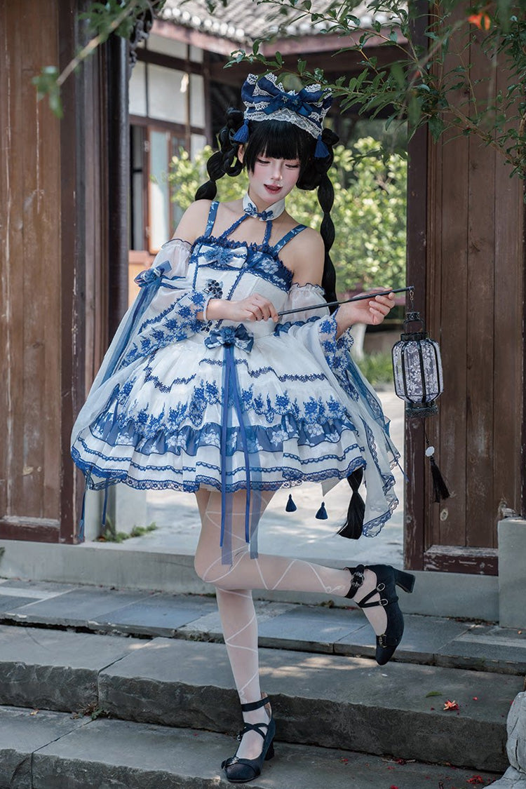 Chinese Inspired Lolita Dress with Off Shoulder and Embroidery - Misty Qingdai, 2 Shades