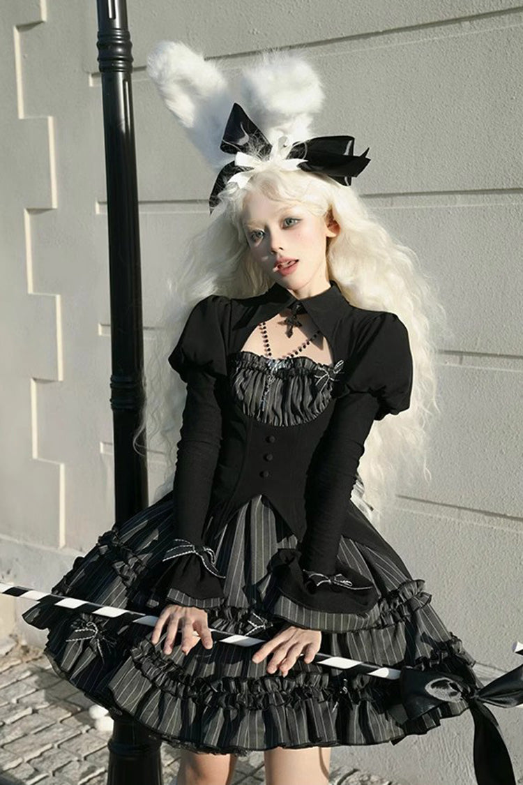 Charcoal Striped Long-Sleeve Ruffled Lace Dress - Duke of the Trap Rabbit