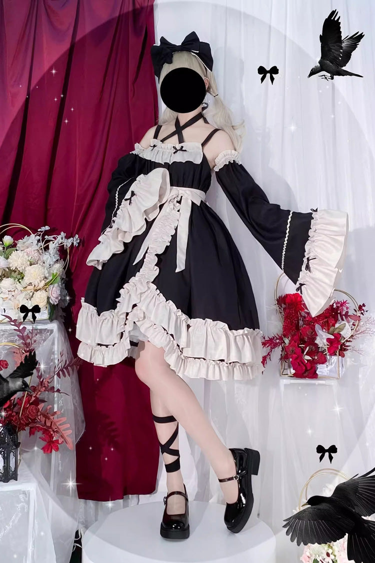 Sleeveless High Waist Ruffle Bow Asymmetric Gothic Lolita Jumper Dress - Black