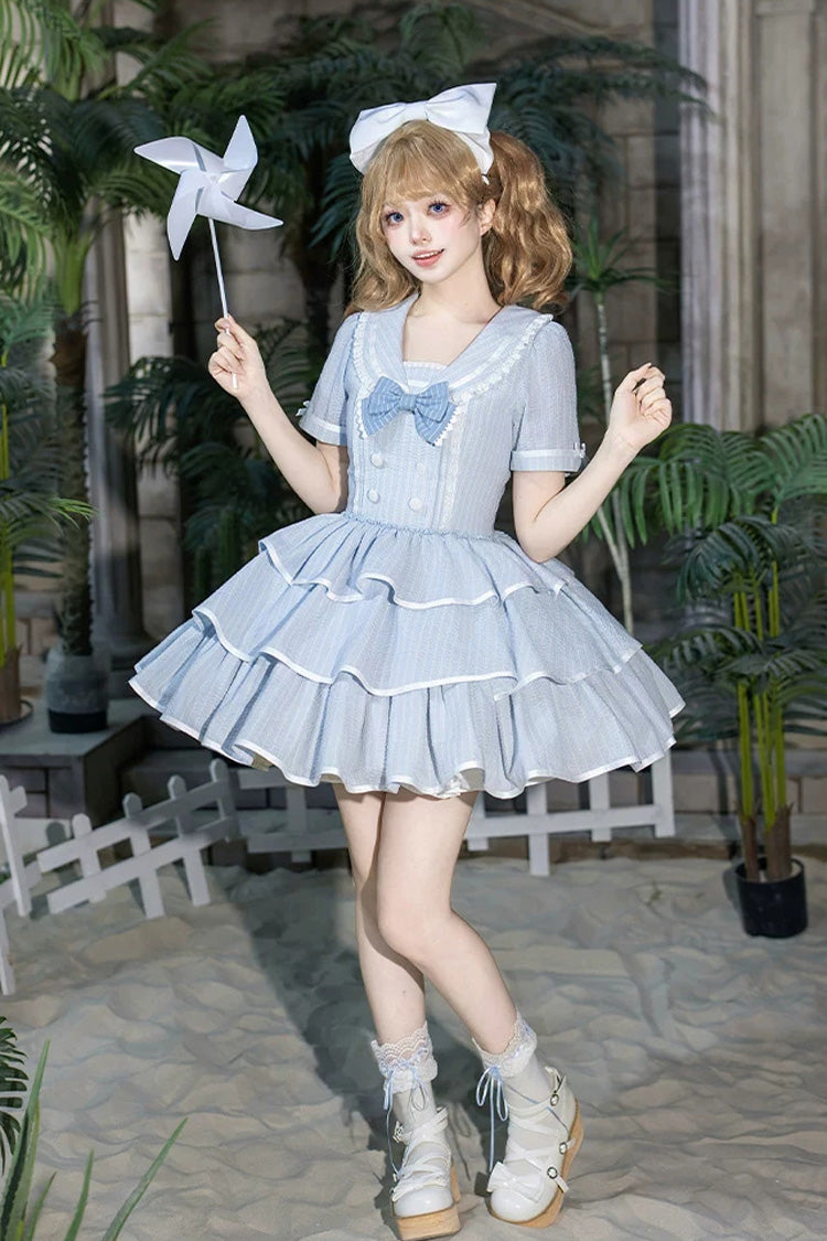 Sweet Lolita Dress with Printed Ruffled Bow and Navy Collar - Blue