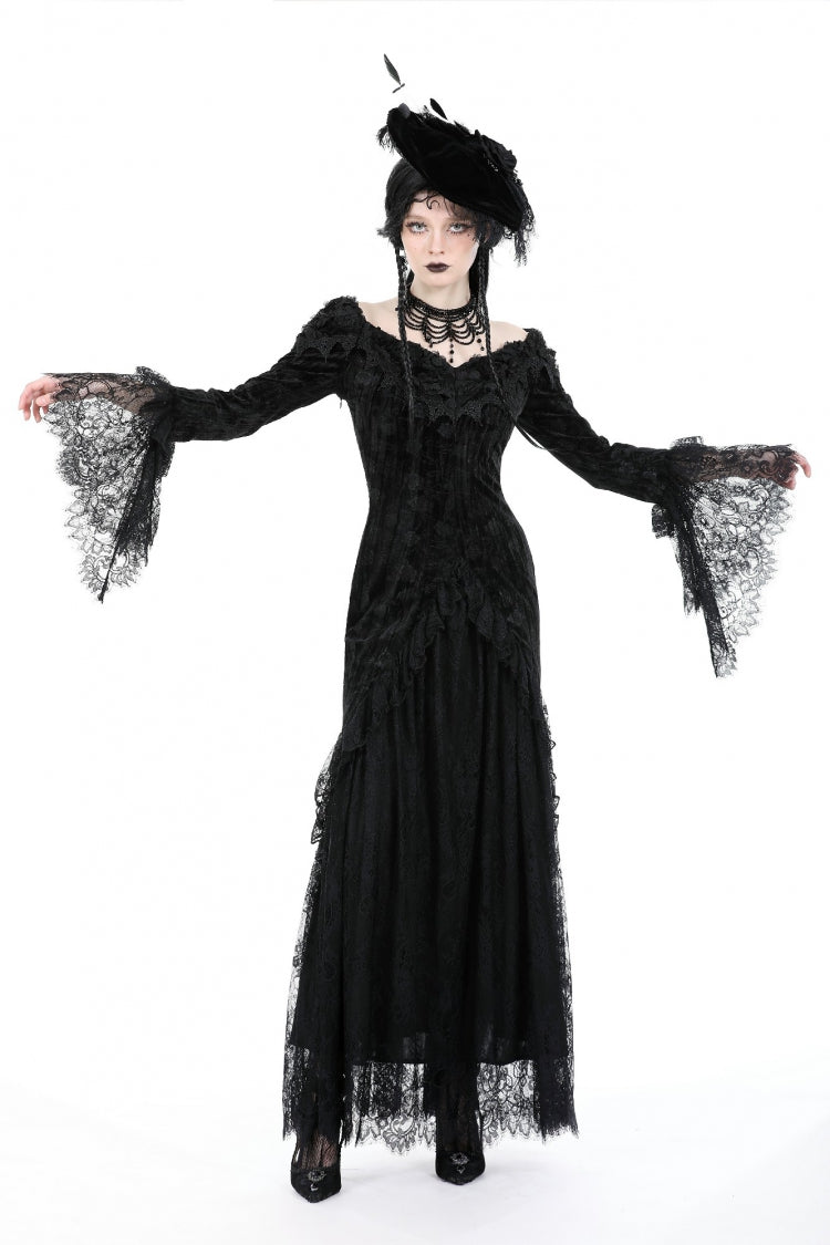 Off Shoulder Lace Long Trumpet Sleeves Lace-Up Gothic Bodycon Dress