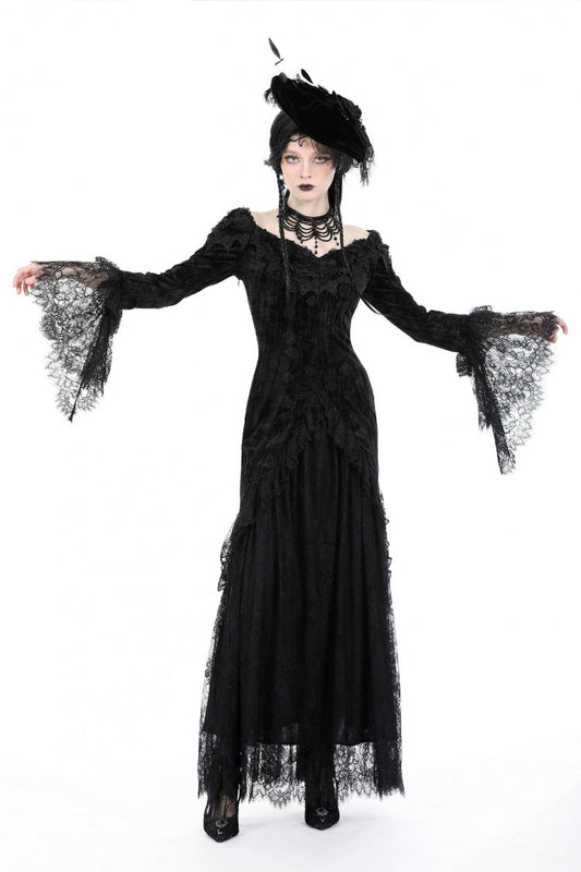 Off Shoulder Lace Long Trumpet Sleeves Lace-Up Gothic Bodycon Dress