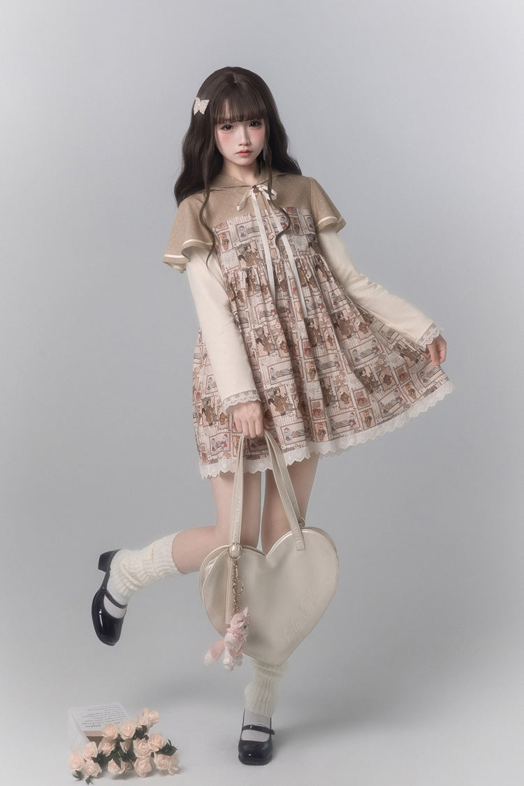 Bear Stamp Long Sleeve Printed Hooded Sweet Dress