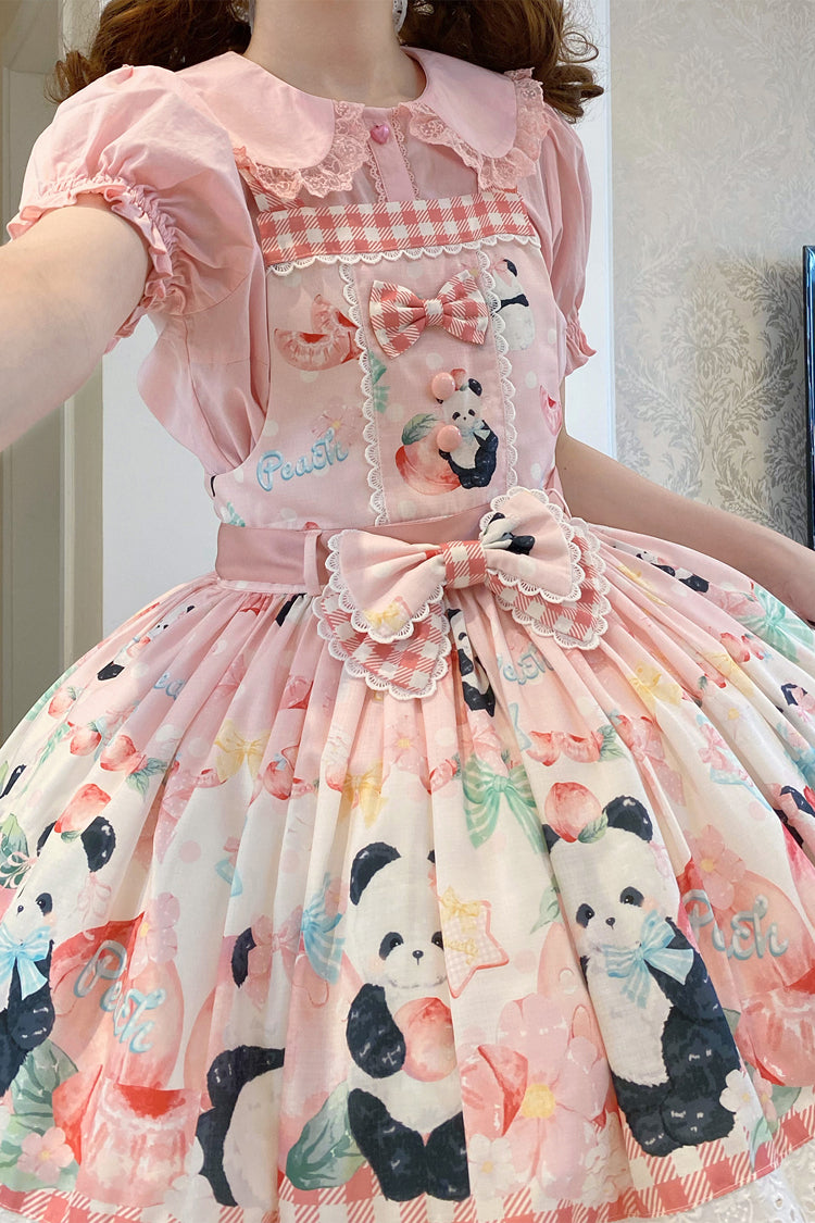Panda Peach Printed Bow Sweet Lolita Strap Dress