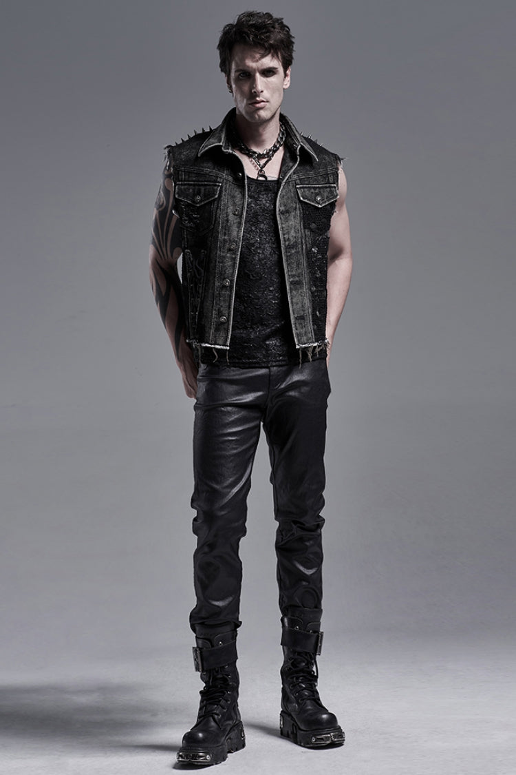 Vintage Denim Vest with Rivets and Lapel Collar for Men