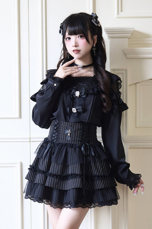 Navy Collared Bow and Lace Jirai Blouse in Three Shades