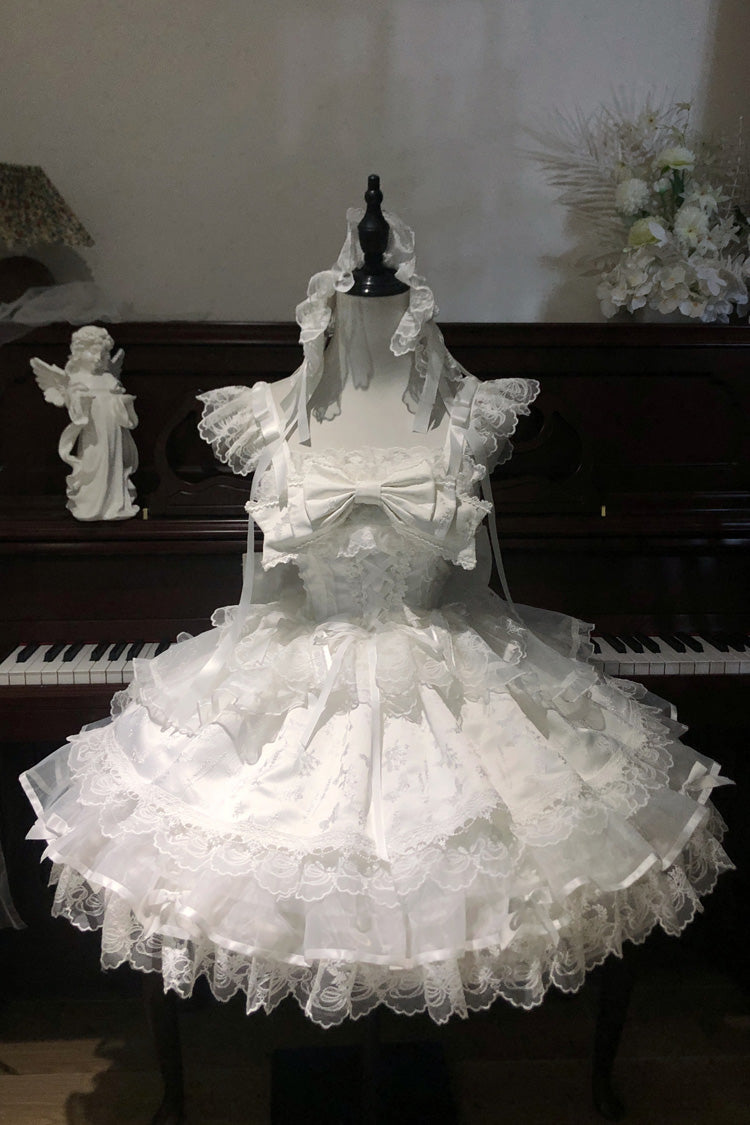 Ivory Sleeveless Ruffle Bow Lace Slim Sweet Ballet JSK