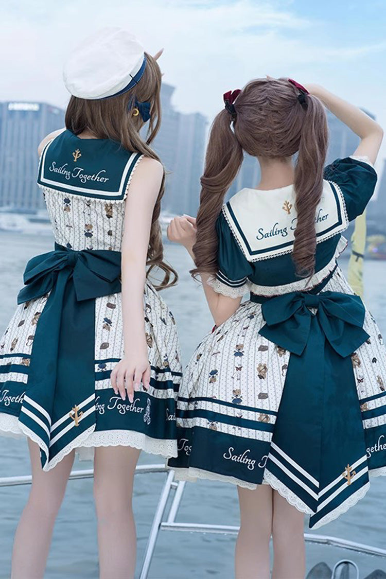 Bear Print Navy Ruffle Bow Princess JSK Dress in Blue White