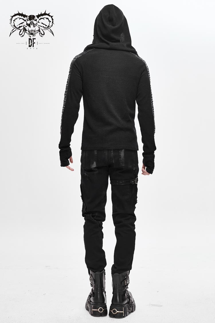 Men's Punk T-Shirt with Striped Wool Hood Lace-Up Crimped Fabric