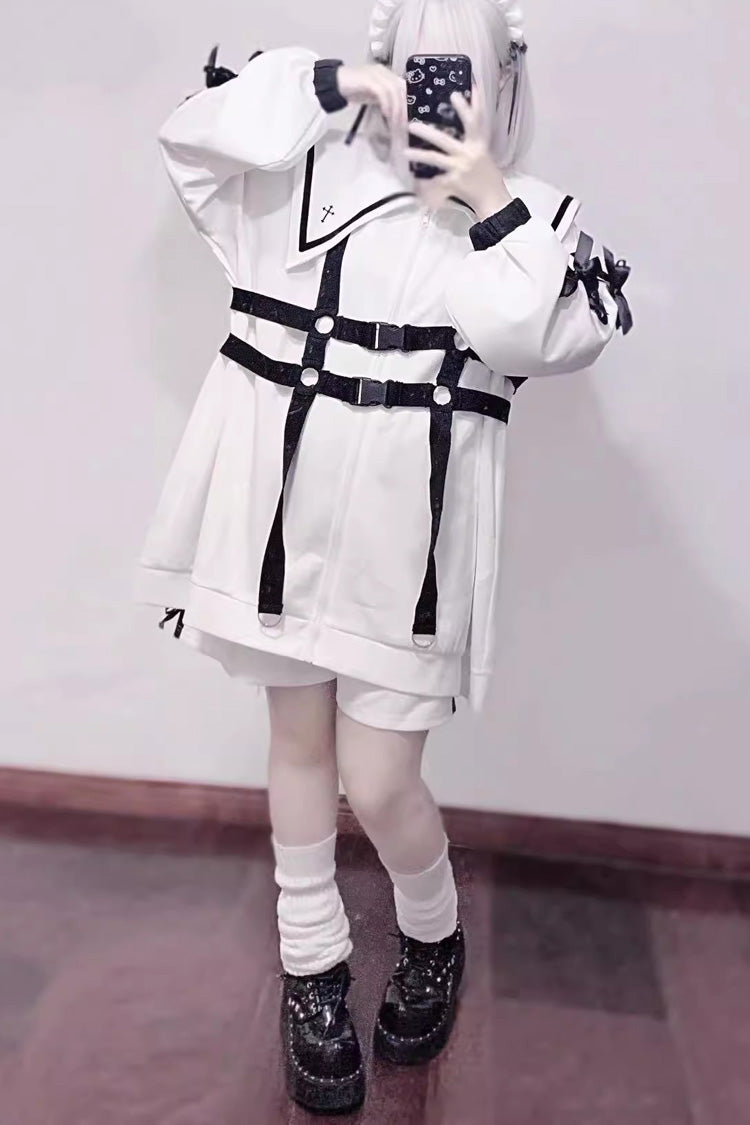 Sailor Collar Long Sleeve Cross Print Bow Coat - Jirai Kei