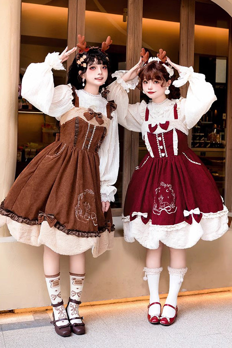 Autumn Winter Lolita JSK with Deer Print & Bowknot Embroidery