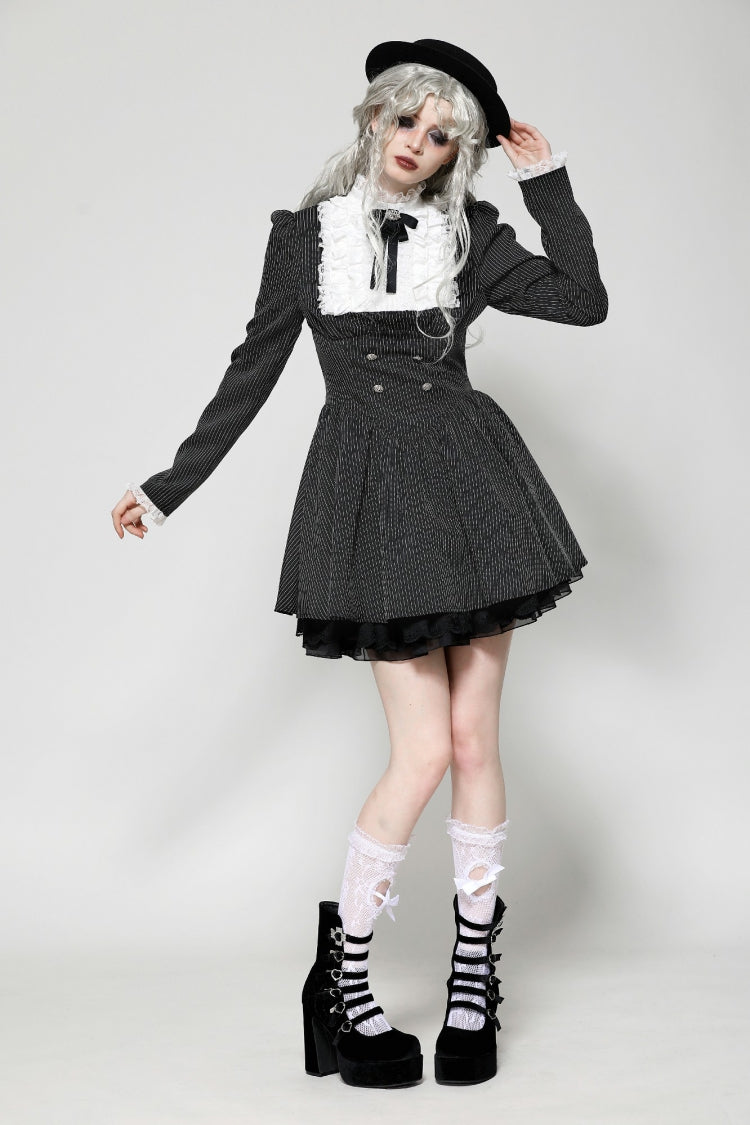 Black/White Striped Lace-Up Gothic Dress with Bow