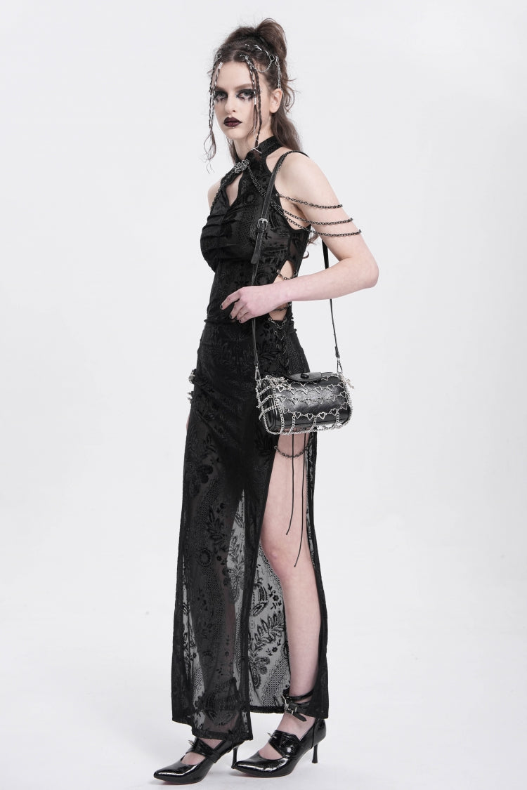 Stylish Black Cheongsam Collar Side Slit Embroidered Sleeveless Halter Gothic Dress