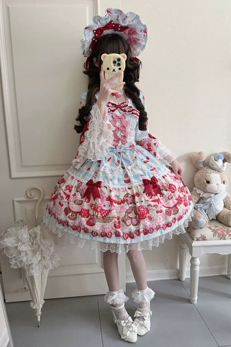 Blue/Red Sweet Lolita OP Dress Half Sleeves Bow Lace Lace-Up - Sweet Berry Bunny Bear