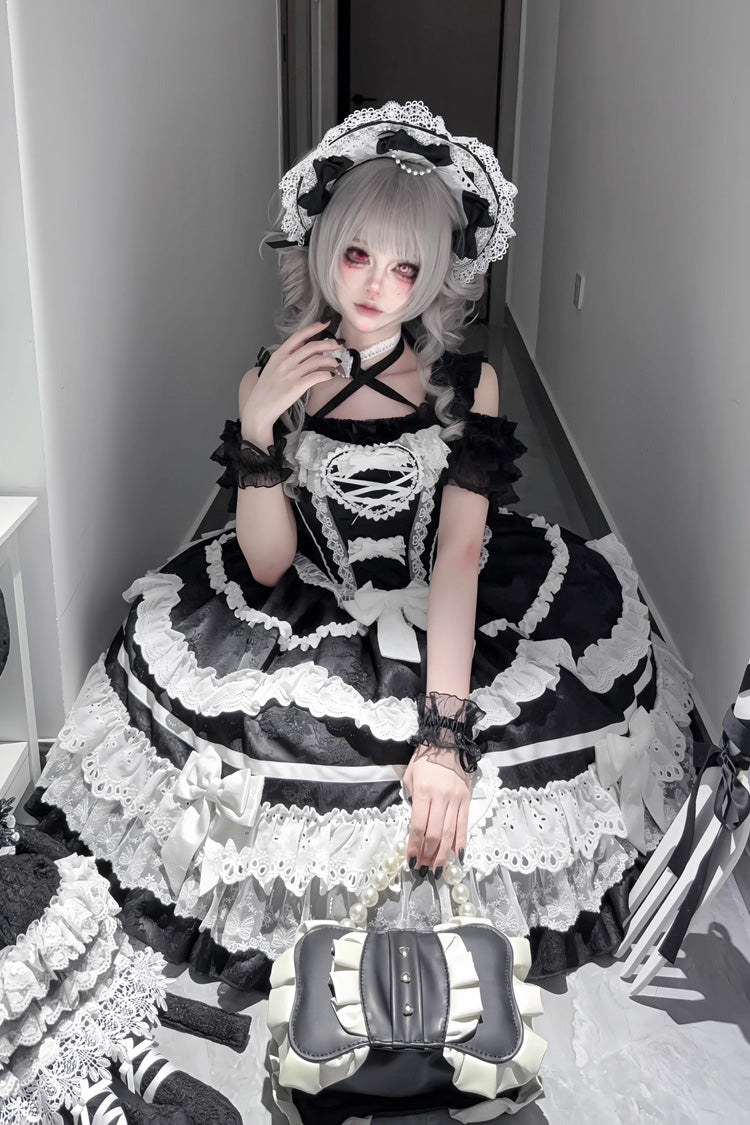 Black/White Super Cute Belia Sleeveless Triple-Layered Ruffled Bow Lace Gothic Elegant Lolita JSK Gown