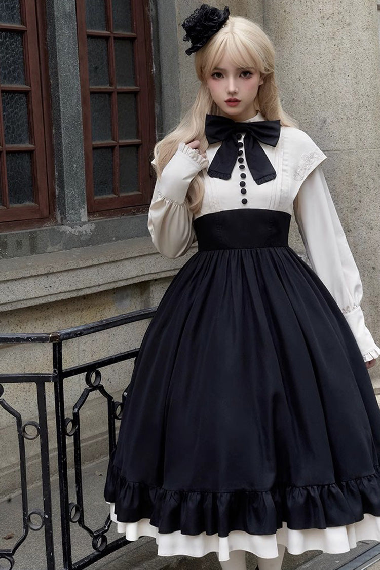 Elegant Rose-Embroidered Long-Sleeve Ruffle Bow Dress with Faux Two-Piece Style in 2 Shades