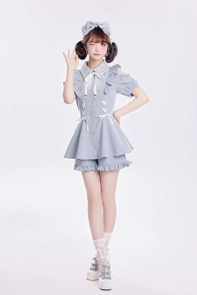 [Alice of Wednesday] Sweet Off Shoulder Short Sleeves Ruffle Bowknot Lace-Up Japanese Jirai Kei Dress Shorts Set 3 Colors