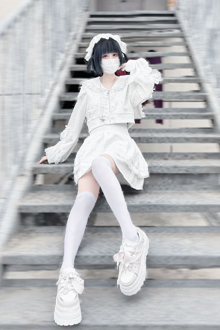 Grey Heartbeat Rhythm Lace-Trimmed Hooded Skirt and Top Set