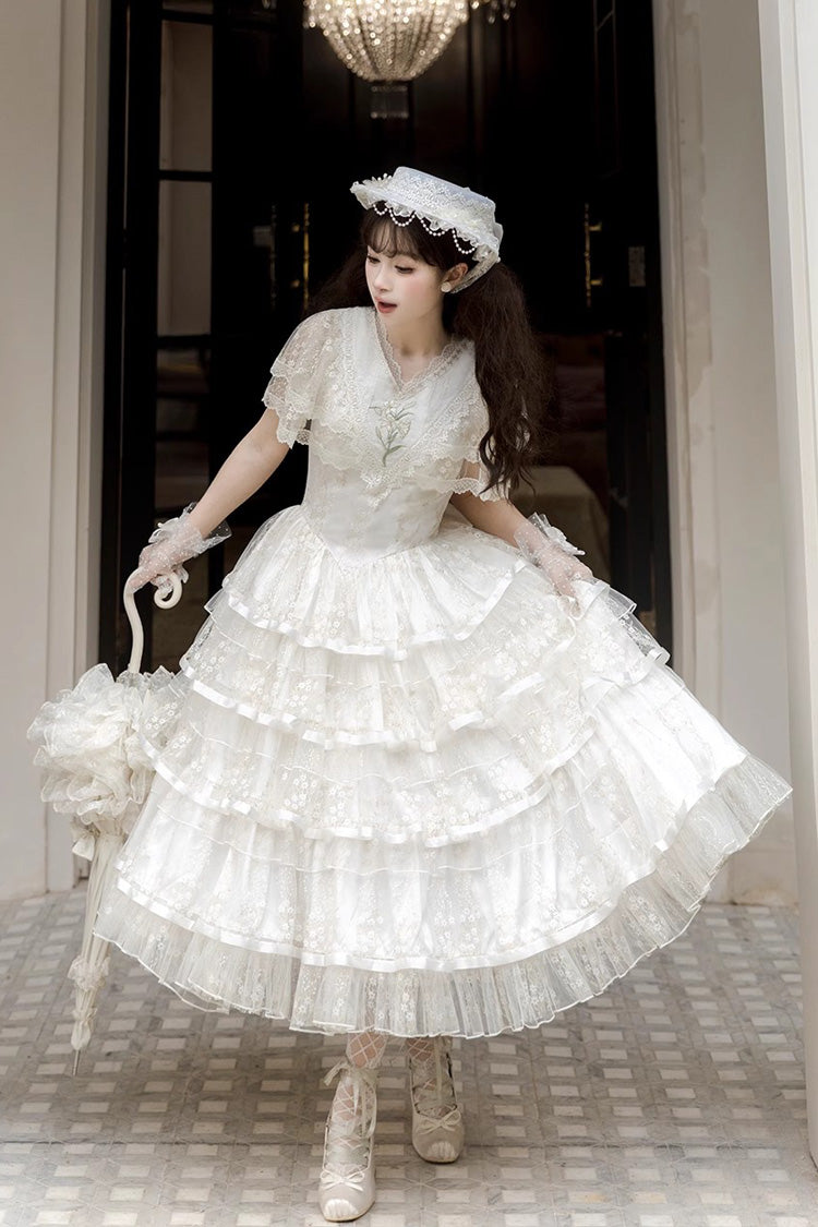 Ivory Morning Dew Lily Short Sleeve Multi-Ruffle Embroidery Elegant Lolita Gown